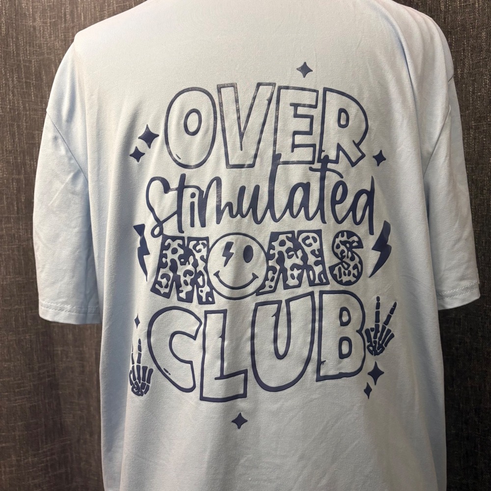 Overstimulated Moms Club Graphic T-Shirt Light Blue Smile Face Tee (Women's XL)